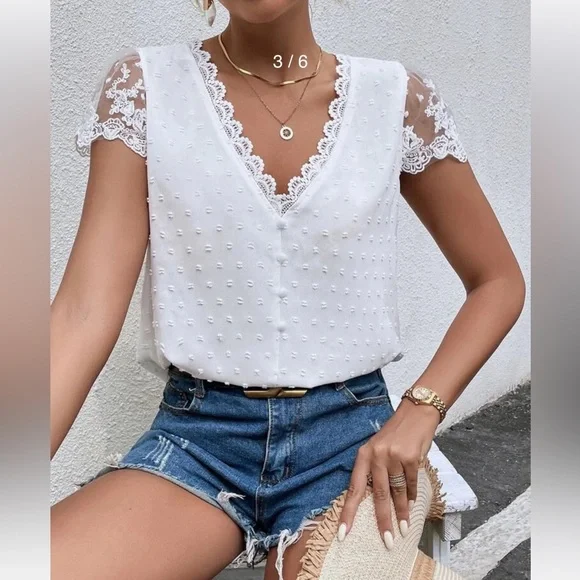 Swiss Dot Guipure Lace Detail Contrast Embroidered Mesh Blouse - Picture 2 of 3